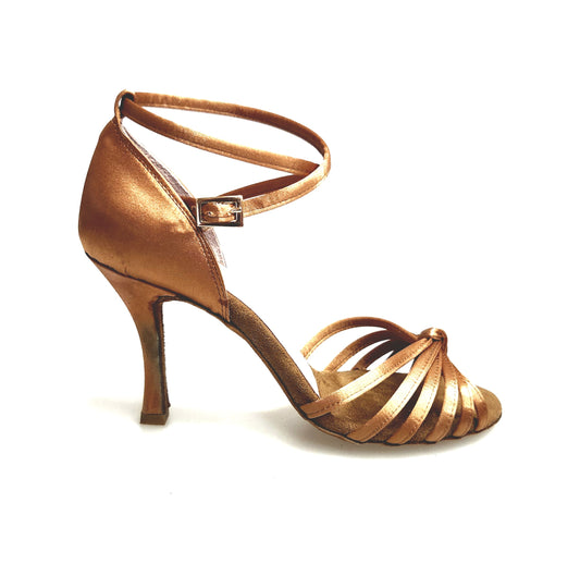 Scarpa da ballo donna Patty QB Wish Dance Shop in raso seta bronzo, con cinturino doppio e tacco a rocchetto.