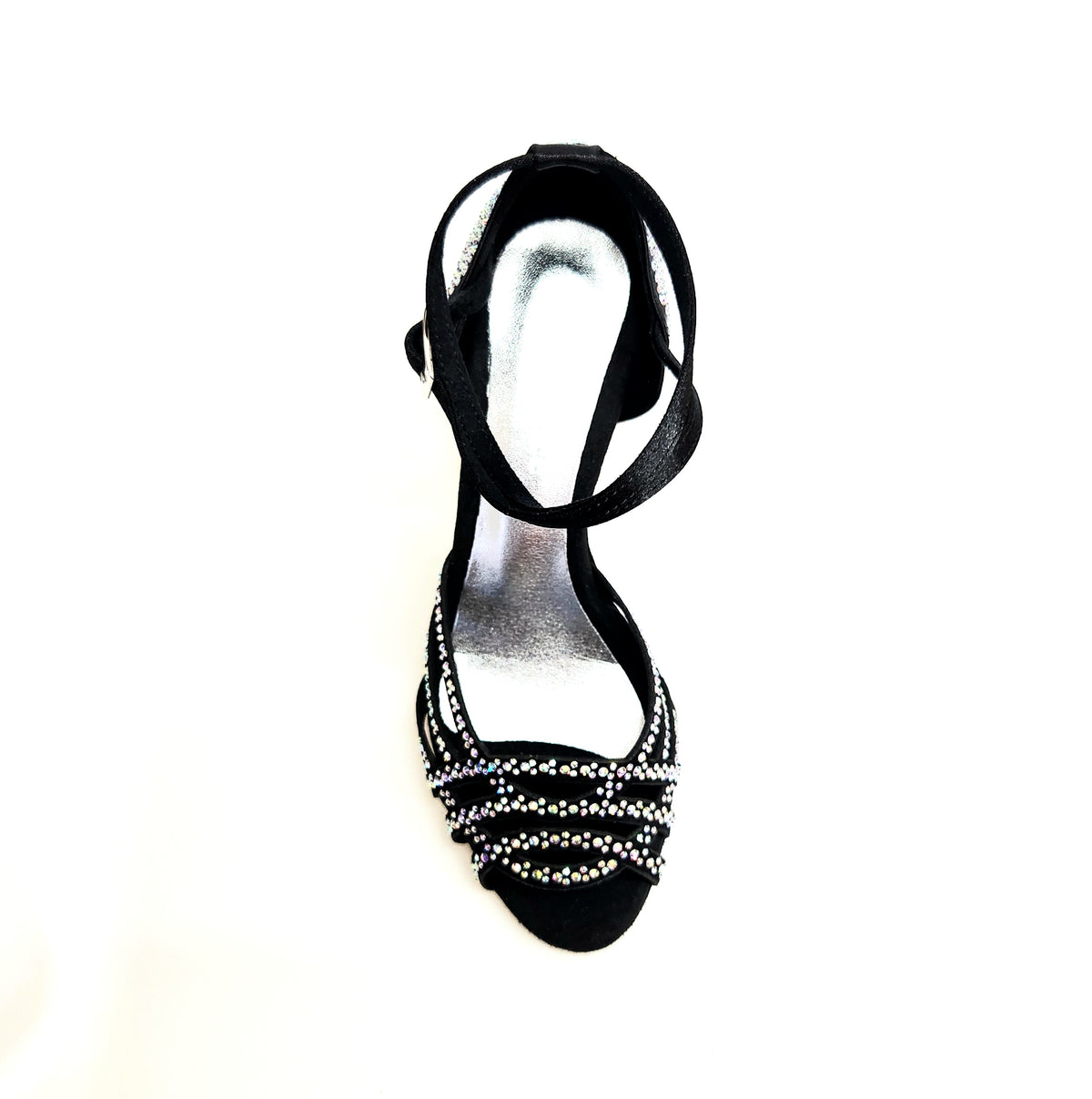 Scarpa Da Donna Linea Bi-Flex in Raso Seta Nero Con Swarovski Boreali Cinturino Incrociato alla Caviglia, vista tre quarti