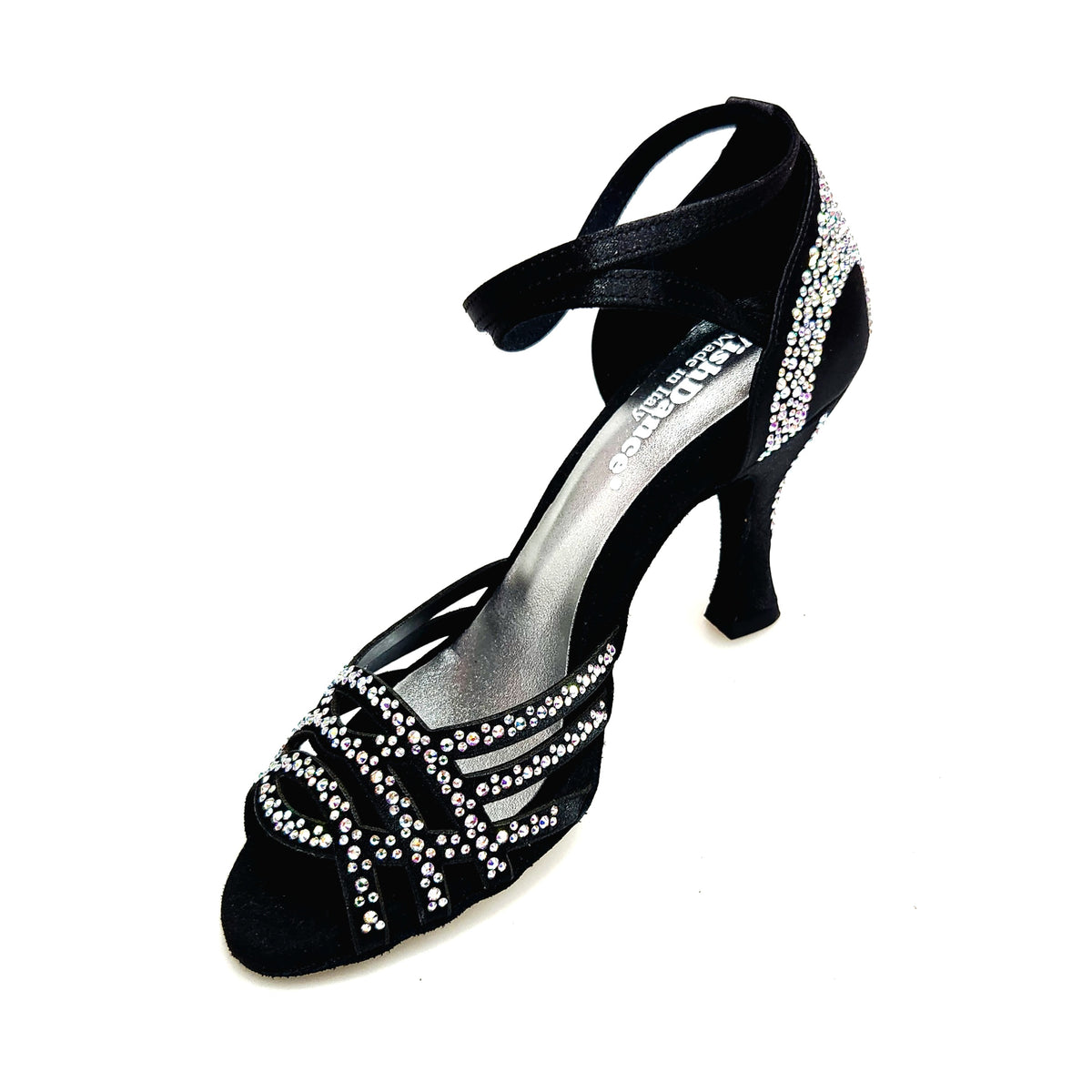 Scarpa da ballo Anita QB Wish Dance Shop in raso seta nero, con Swarovski, cinturino incrociato e tacco a rocchetto.