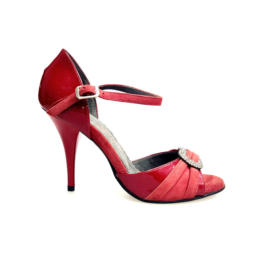 Sandalo donna Wish Dance Gilda SW F.626 in pelle di vernice rossa, camoscio rosso, con gioiello Swarovski e tacco a spillo rosso