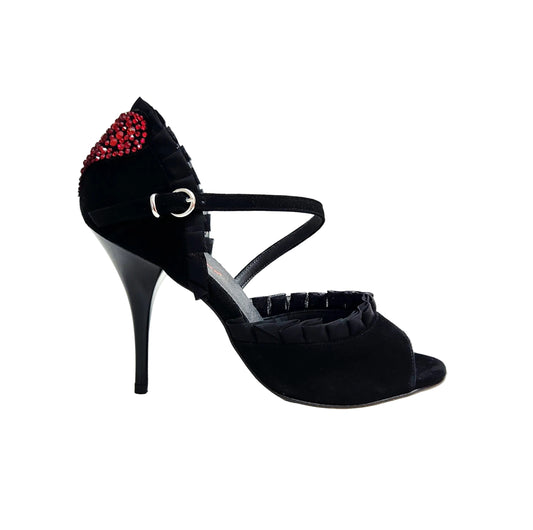 Sandalo da donna in camoscio nero Rouche di Tulle arricciato e Cuore di Swarovski Rosso LUNA Plus Black, vista laterale