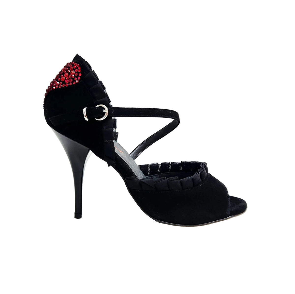 Sandalo da donna in camoscio nero Rouche di Tulle arricciato e Cuore di Swarovski Rosso LUNA Plus Black, vista laterale