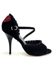 Carica immagine nella Galleria, LUNA Plus Black Cuore SW Red F.3407 (R.L. by WISH DANCE) - Sandalo da donna in camoscio nero Rouche di Tulle arricciato e Cuore di Swarovski Rosso con Tacco a Spillo Smaltato nero