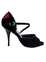 Carica immagine nella Galleria, LUNA Plus Black Cuore SW Red F.3407 (R.L. by WISH DANCE) - Sandalo da donna in camoscio nero Rouche di Tulle arricciato e Cuore di Swarovski Rosso con Tacco a Spillo Smaltato nero