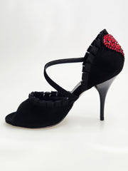 Carica immagine nella Galleria, LUNA Plus Black Cuore SW Red F.3407 (R.L. by WISH DANCE) - Sandalo da donna in camoscio nero Rouche di Tulle arricciato e Cuore di Swarovski Rosso con Tacco a Spillo Smaltato nero