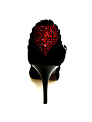 Carica immagine nella Galleria, LUNA Plus Black Cuore SW Red F.3407 (R.L. by WISH DANCE) - Sandalo da donna in camoscio nero Rouche di Tulle arricciato e Cuore di Swarovski Rosso con Tacco a Spillo Smaltato nero