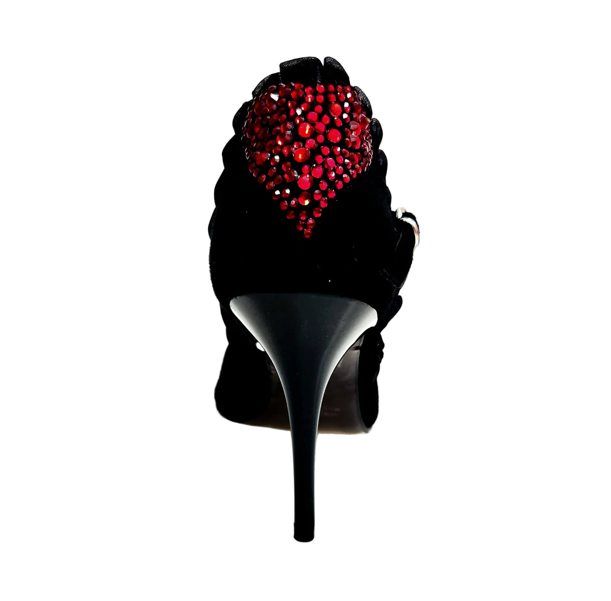 Sandalo da donna in camoscio nero Rouche di Tulle arricciato e Cuore di Swarovski Rosso LUNA Plus Black, dettaglio materiale