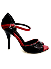 Carica immagine nella Galleria, CATE/P (F626) R.L. by WISH DANCE - Sandalo da Donna in Vernice Nera  Vernice Rossa e Profili Rossi Tacco a Spillo Smaltato Nero