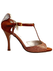 Carica immagine nella Galleria, BELL/C Plus Cognac Cuore SW Boreali F.3407 (R.L. by WISH DANCE) - Sandalo da donna in camoscio Bronzo Cognac e Cuore di Swarovski Boreali e Glitter Bronzo con Tacco a Rocchettino Smaltato Bronzo Tan