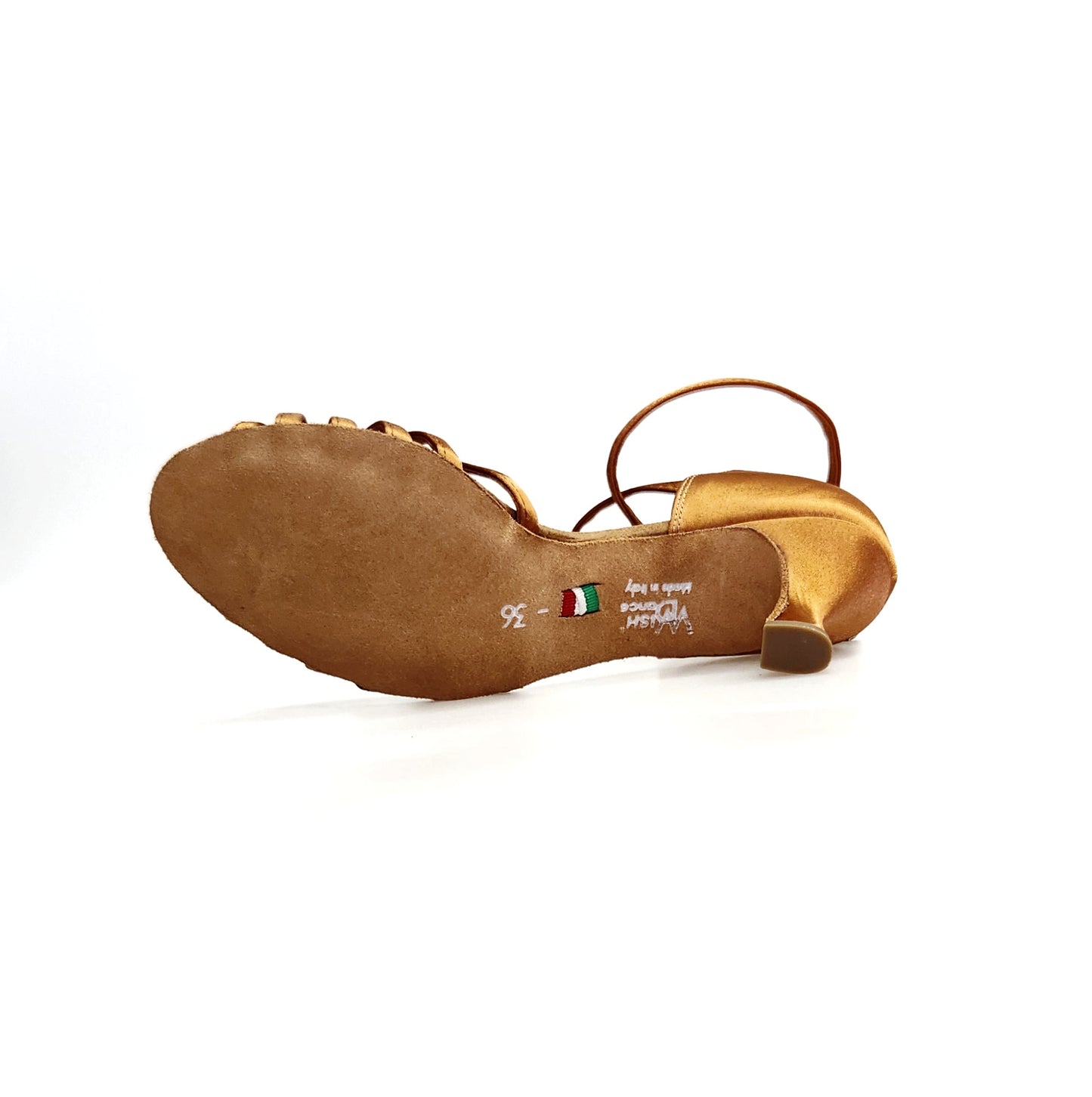 Scarpa donna Patty QB in raso bronzo, con 6 fascette, cinturino doppio alla caviglia e tacco basso a rocchetto.