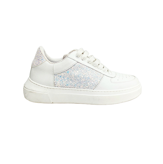Sneaker in Pelle Bianca Fori Traspiranti inserti Kristall Celeste Perla Boreale Foderata in tessuto, vista laterale