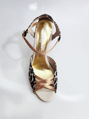 Carica immagine nella Galleria, Morgane Scarlett (691) - Sandalo da Donna in Seta Laserato Leopardo Bianco con Fascette Cinturino e Tallone in Lurex Color Oro Ramato e Tacco a Spillo Laminato Oro Ramato