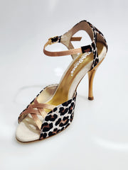 Carica immagine nella Galleria, Morgane Scarlett (691) - Sandalo da Donna in Seta Laserato Leopardo Bianco con Fascette Cinturino e Tallone in Lurex Color Oro Ramato e Tacco a Spillo Laminato Oro Ramato