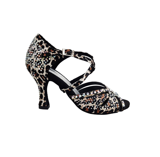 Scarpa da ballo SAMIRA (L19) Wish Dance Shop in raso seta laserato con stampa leopardo bianco, Swarovski e tacco a rocchetto