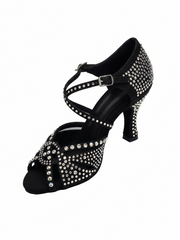 Carica immagine nella Galleria, SAMIRA (L19) - Scarpa da Ballo in Raso Seta Laserata Disegno Leopardo Bianco Con Swarovski Boreali e Tacco a Rocchetto