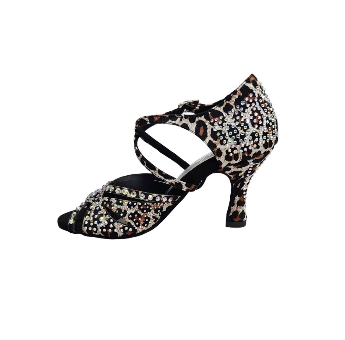 Scarpa da ballo SAMIRA (L19) in raso seta laserato con stampa leopardo bianco, Swarovski Boreali e tacco a rocchetto.