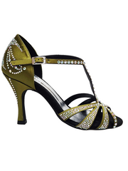 Load image into Gallery viewer, ALESSIA Superb (accollata) L1 - Scarpa da Ballo in Raso Seta Verde Oliva con Swarovski Boreali e Tacco a Rocchettino