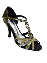 Load image into Gallery viewer, ALESSIA Superb (accollata) L1 - Scarpa da Ballo in Raso Seta Verde Oliva con Swarovski Boreali e Tacco a Rocchettino