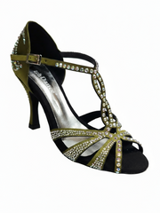 Load image into Gallery viewer, ALESSIA Superb (accollata) L1 - Scarpa da Ballo in Raso Seta Verde Oliva con Swarovski Boreali e Tacco a Rocchettino