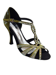 Load image into Gallery viewer, ALESSIA Superb (accollata) L1 - Scarpa da Ballo in Raso Seta Verde Oliva con Swarovski Boreali e Tacco a Rocchettino