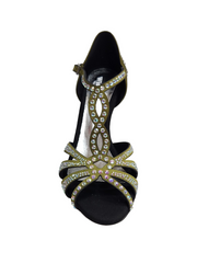 Load image into Gallery viewer, ALESSIA Superb (accollata) L1 - Scarpa da Ballo in Raso Seta Verde Oliva con Swarovski Boreali e Tacco a Rocchettino