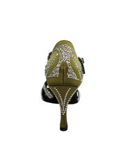 Load image into Gallery viewer, ALESSIA Superb (accollata) L1 - Scarpa da Ballo in Raso Seta Verde Oliva con Swarovski Boreali e Tacco a Rocchettino