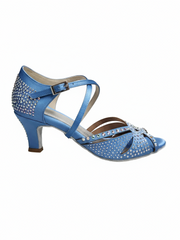 Carica immagine nella Galleria, SAMIRA (L19) - Scarpa da Ballo in Raso Seta Azzurro Cielo Con Swarovski Boreali e Tacco Basso a Rocchetto