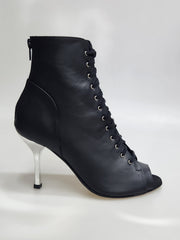 Carica immagine nella Galleria, ALEXIS Black Silver (Art. 132) - Mezzo Stivaletto con Zip in Pelle Nera Tacco a Stiletto Squadrato Sottile in Alluminio Laminato Argento