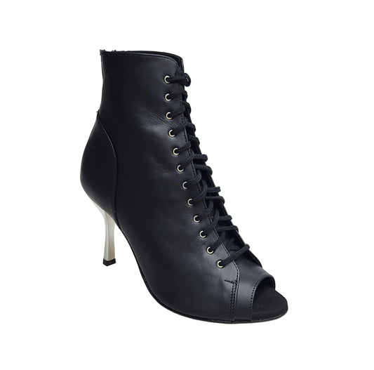 Stivaletti Wish Dance Shop Alexis Black Silver con zip, tacco squadrato in alluminio laminato argento, pelle nera.
