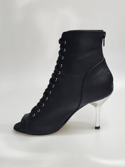 Carica immagine nella Galleria, ALEXIS Black Silver (Art. 132) - Mezzo Stivaletto con Zip in Pelle Nera Tacco a Stiletto Squadrato Sottile in Alluminio Laminato Argento