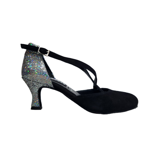Scarpa donna CUCCARINI ELITE (178PT) in vero camoscio nero e tessuto boreale silver, semichiusa, con dettagli eleganti.