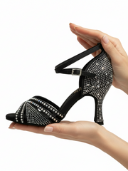 Load image into Gallery viewer, LULY Dreams Black (L3/L640) - Scarpa da Ballo da Donna in Raso Nero cinturino incrociato alla Caviglia con Strass Boreali Tacco a Rocchetto