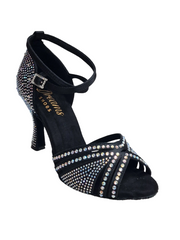 Carica immagine nella Galleria, LULY Dreams Black (L3/L640) - Scarpa da Ballo da Donna in Raso Nero cinturino incrociato alla Caviglia con Strass Boreali Tacco a Rocchetto