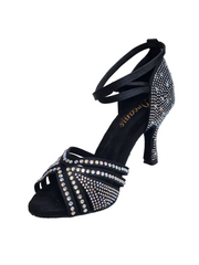 Carica immagine nella Galleria, LULY Dreams Black (L3/L640) - Scarpa da Ballo da Donna in Raso Nero cinturino incrociato alla Caviglia con Strass Boreali Tacco a Rocchetto