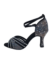 Load image into Gallery viewer, LULY Dreams Black (L3/L640) - Scarpa da Ballo da Donna in Raso Nero cinturino incrociato alla Caviglia con Strass Boreali Tacco a Rocchetto