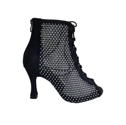 Stivaletto nero CLOE Dreams Black in simil camoscio vegan con zip, rete nera incrociata con strass e tacco a rocchetto.