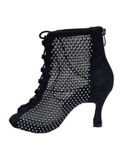 Carica immagine nella Galleria, CLOE Dreams Black (L637) - Mezzo Stivaletto con Zip in Simil Camoscio Vegan e Rete Nera Incrociata con Strass Boreali Tacco a Rocchetto