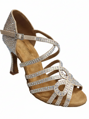 Load image into Gallery viewer, NORA Dreams Gold (L2576S) - Scarpa da Ballo da Donna in Raso Oro Flash cinturino incrociato alla Caviglia con Strass Boreali Tacco a Rocchetto