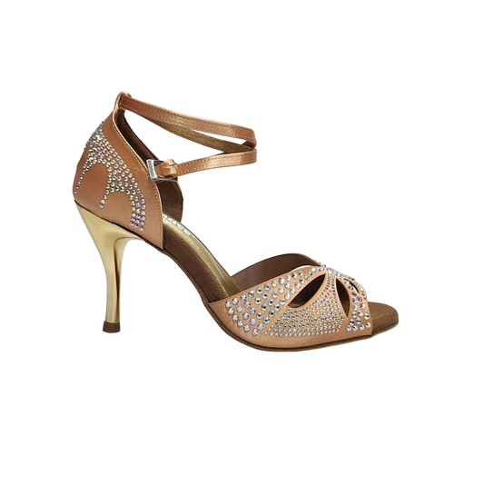 Scarpa da ballo in raso seta carne con Swarovski Boreali e tacco a spillo laminato oro, modello Deluxe Butterfly (L2).