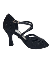 Carica immagine nella Galleria, DADA DIAMOND BLACK QC (L55) - SCARPA DA BALLO DA DONNA IN RASO SETA NERO CON SWAROVSKI NERI CINTURINO INCROCIATO SUL COLLOPIEDE TACCO A ROCCHETTO