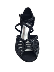 Carica immagine nella Galleria, DADA DIAMOND BLACK QC (L55) - SCARPA DA BALLO DA DONNA IN RASO SETA NERO CON SWAROVSKI NERI CINTURINO INCROCIATO SUL COLLOPIEDE TACCO A ROCCHETTO