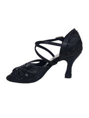 Carica immagine nella Galleria, DADA DIAMOND BLACK QC (L55) - SCARPA DA BALLO DA DONNA IN RASO SETA NERO CON SWAROVSKI NERI CINTURINO INCROCIATO SUL COLLOPIEDE TACCO A ROCCHETTO