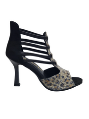 Carica immagine nella Galleria, SESHAT Leopard Swarovki (460F) - Sandalo da Donna in Camoscio Nero Elastici Neri con Livrea Leopardo in Swarovski Bianchi Neri Champagne e Oro e tacco a Rocchettino Smaltato Nero