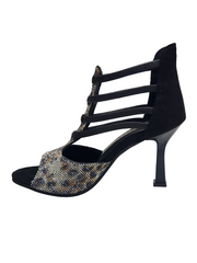 Carica immagine nella Galleria, SESHAT Leopard Swarovki (460F) - Sandalo da Donna in Camoscio Nero Elastici Neri con Livrea Leopardo in Swarovski Bianchi Neri Champagne e Oro e tacco a Rocchettino Smaltato Nero