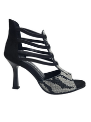 Carica immagine nella Galleria, ZEBRAS Swarovki (460F) - Sandalo da Donna in Camoscio Nero Elastici Neri con Livrea Leopardo in Swarovski Bianchi e Neri tacco a Rocchettino Smaltato Nero