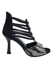 Carica immagine nella Galleria, ZEBRAS Swarovki (460F) - Sandalo da Donna in Camoscio Nero Elastici Neri con Livrea Leopardo in Swarovski Bianchi e Neri tacco a Rocchettino Smaltato Nero