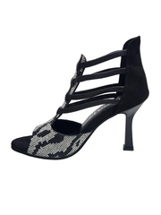 Carica immagine nella Galleria, ZEBRAS Swarovki (460F) - Sandalo da Donna in Camoscio Nero Elastici Neri con Livrea Leopardo in Swarovski Bianchi e Neri tacco a Rocchettino Smaltato Nero