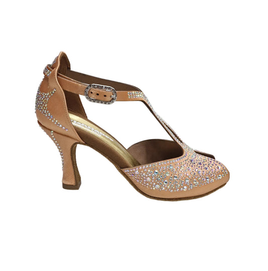 Scarpa Da Donna in Raso Seta Carne Flash Con Swarovski Boreali e Tacco a Rocchetto MIRIAM Temptation Plus, vista laterale