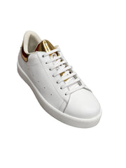 Carica immagine nella Galleria, NIKOLAS (SK5) - SNEAKER IN PELLE BIANCA INSERTO TALLONE ORO SPECCHIO SUOLA MICROFIBRA LATTICE BIANCO INTERNI TRASPIRANTI