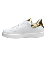 Carica immagine nella Galleria, NIKOLAS (SK5) - SNEAKER IN PELLE BIANCA INSERTO TALLONE ORO SPECCHIO SUOLA MICROFIBRA LATTICE BIANCO INTERNI TRASPIRANTI